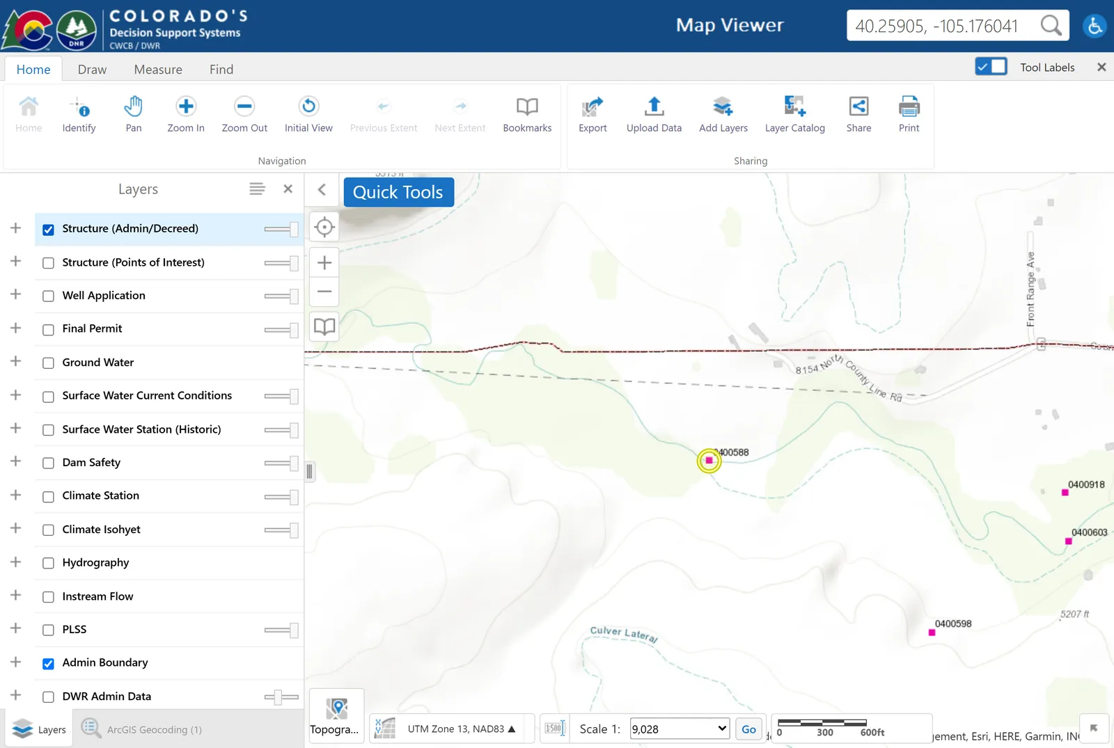 DWR Map Viewer with the Layers panel open and Structure (Admin/Decreed) switched on, zoomed in on the Little Thompson River with structure symbols labeled by WDID