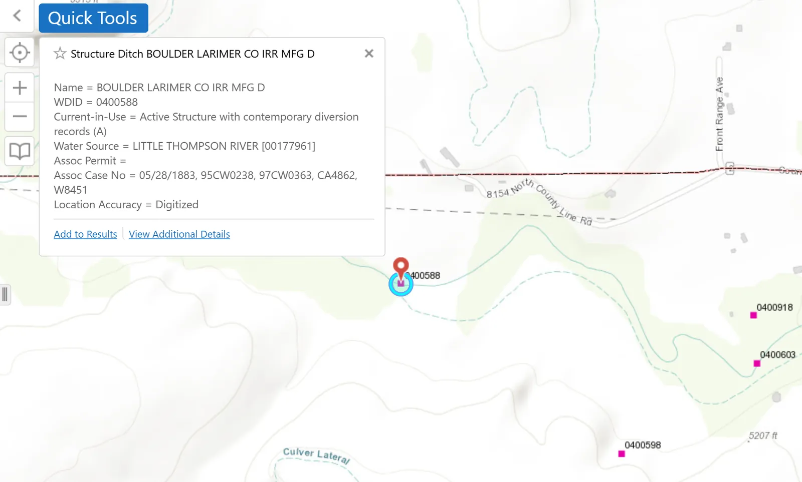 DWR Map Viewer pop-up for the structure BOULDER LARIMER CO IRR MFG D, showing WDID 0400588, water source Little Thompson River and associated case numbers