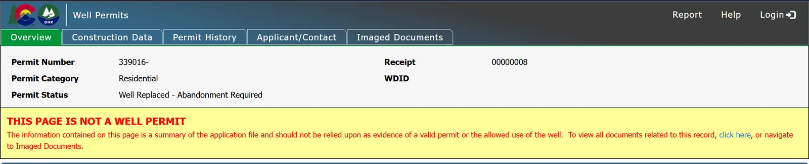 Top of a DWR well permit record showing permit number, Residential category, status Well Replaced - Abandonment Required, and the notice that the page is not a well permit