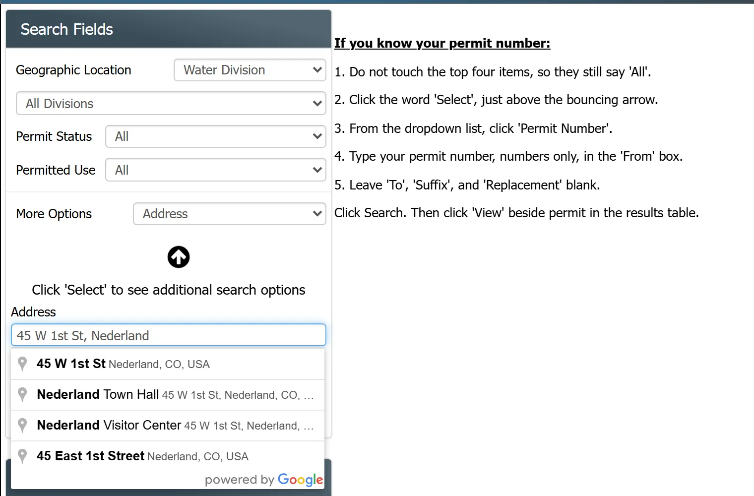 DWR Well Permits search form with Address chosen under More Options and the address suggestion list open