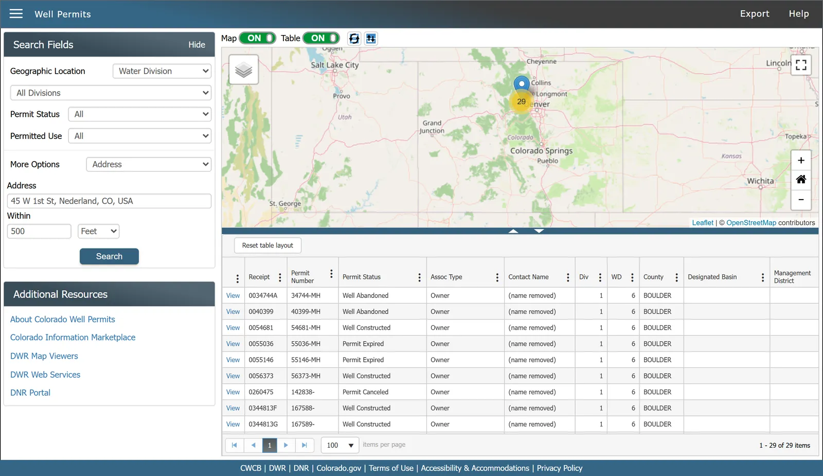 DWR Well Permits results for a 500-foot address search: a map above a table of permits with receipt, permit number and permit status columns